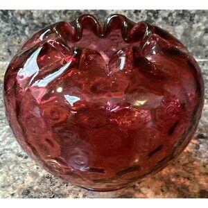 Fenton Cranberry Glass Rose Bowl Vase Reverse Coin Dot Crimped vase